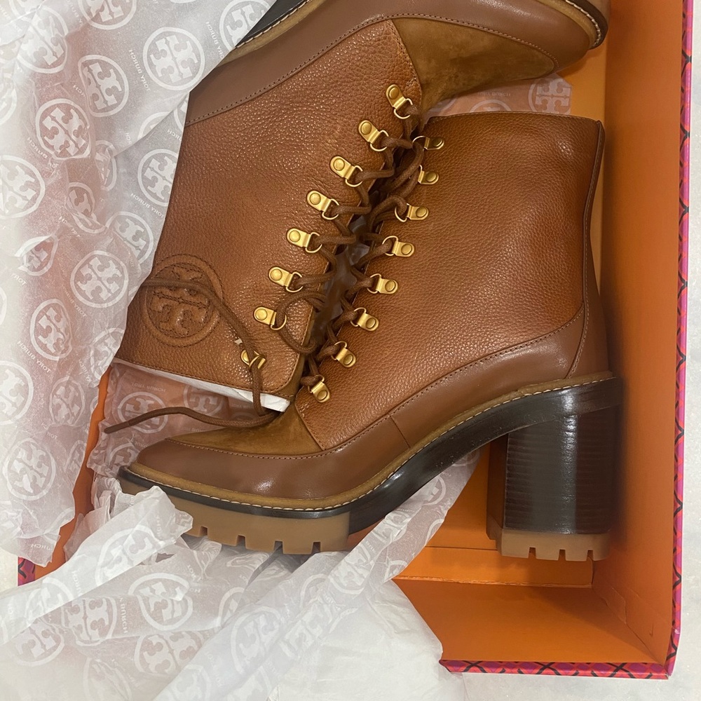 New w/ box and dust bag.  Tory Burch Miller Mixed Materials Lug Sole Boots